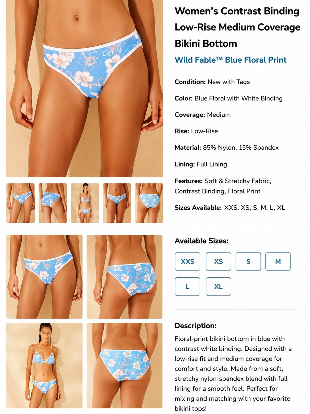 wild fable Blue Floral Print Bikini Bottom with White Binding